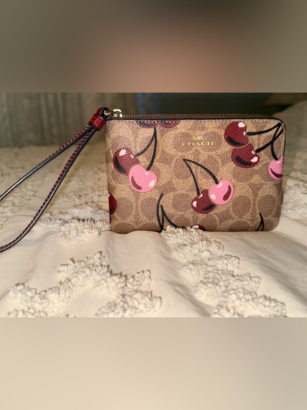 Coach Cherry Print Signature Canvas Wristlet in Brown Pink and Red